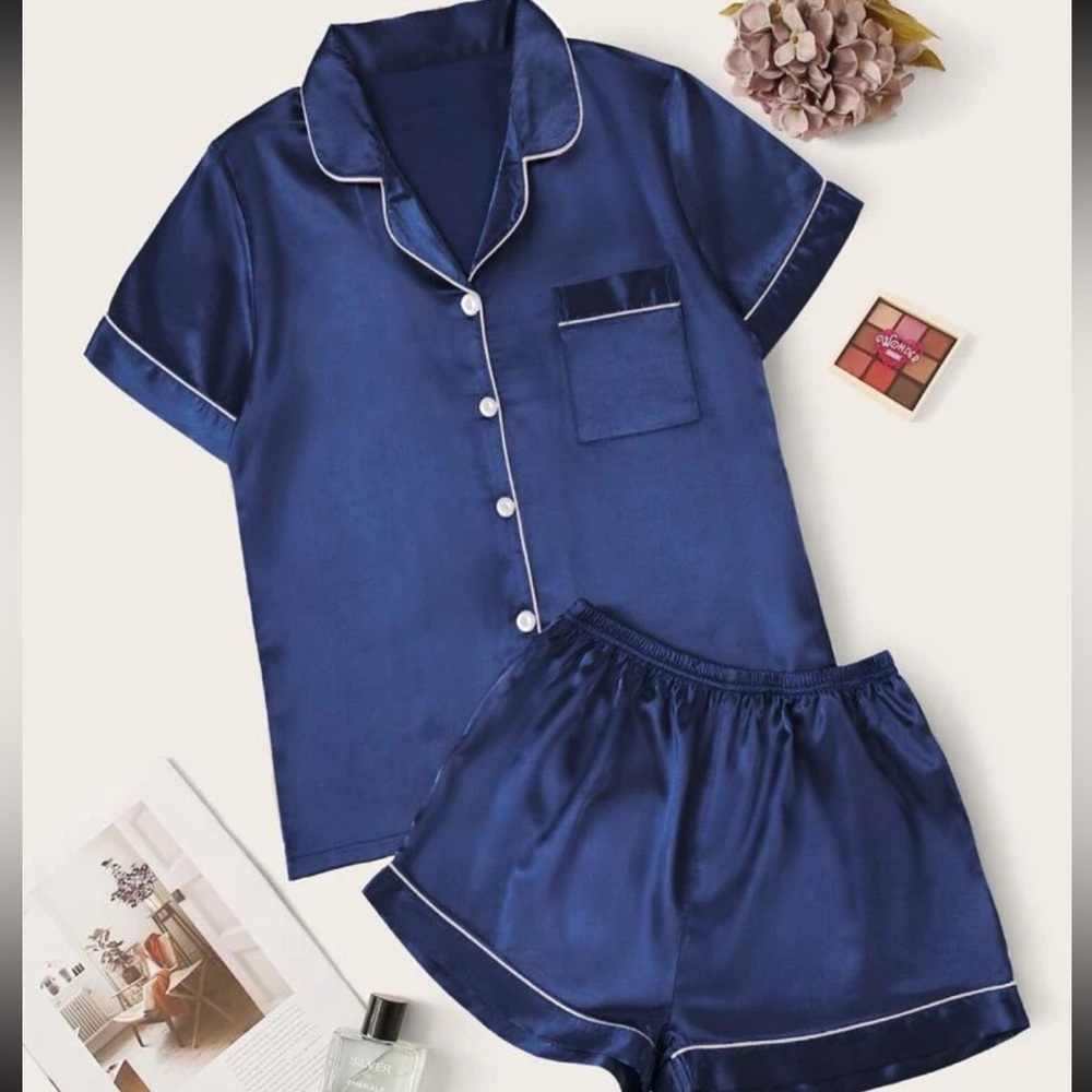 Navy Blue Satin Pajamas Set